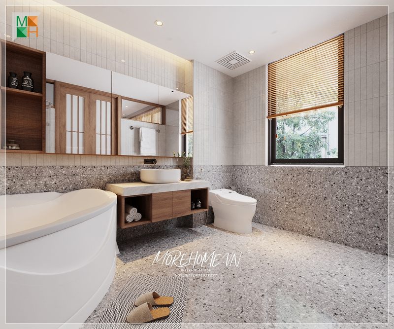 Kệ tủ lavabo treo tường có thiết kế hiện đại, được làm từ gỗ công nghiệp và mặt đá trắng, có thể cất trữ các vật dụng thiết yếu trong phòng tắm và gọn gàng ngăn nắp.