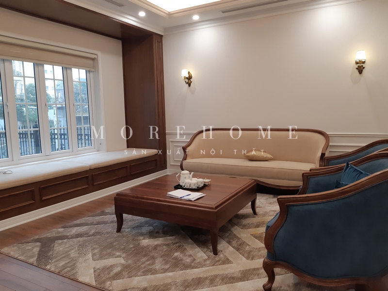 Thi công bàn trà gỗ óc chó tân cổ điển nội thất quan trọng trong không gian phòng khách hỗ trợ tiện nghi nhất cho sử dụng hằng ngày, đón tiếp khách chu đáo