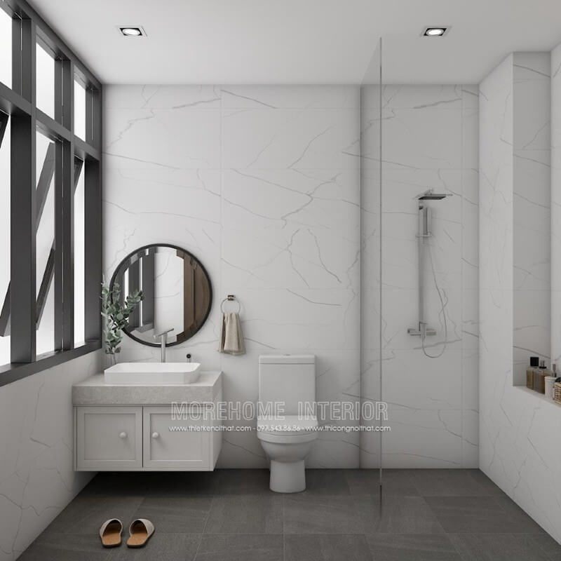 Mẫu tủ kệ lavabo gỗ công nghiệp với thiết kế hiện đại, mặt tủ ốp đá nhân tạo cao cấp
