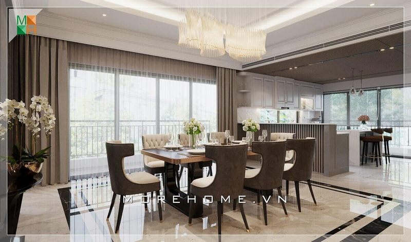 Mẫu thiết kế phòng ăn liền phòng bếp sang trọng, đẳng cấp cho biệt thự với hệ cửa kính ban công 4 cánh giúp mở rộng không gian căn phòng và lấy ánh sáng tự nhiên