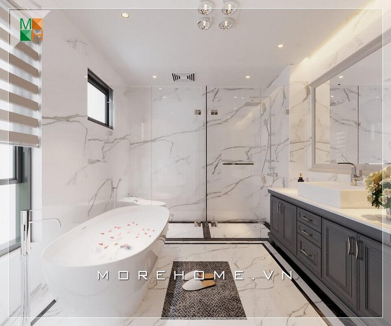 Ấn tượng với mẫu đá ốp tường phòng tắm cao cấp vân mây màu trắng rất cao cấp và tiện nghi.